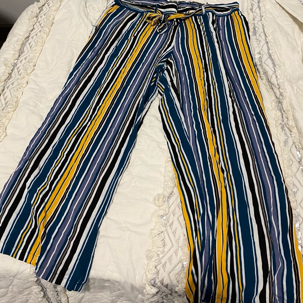 Plus Size Striped Belted Flare Pants